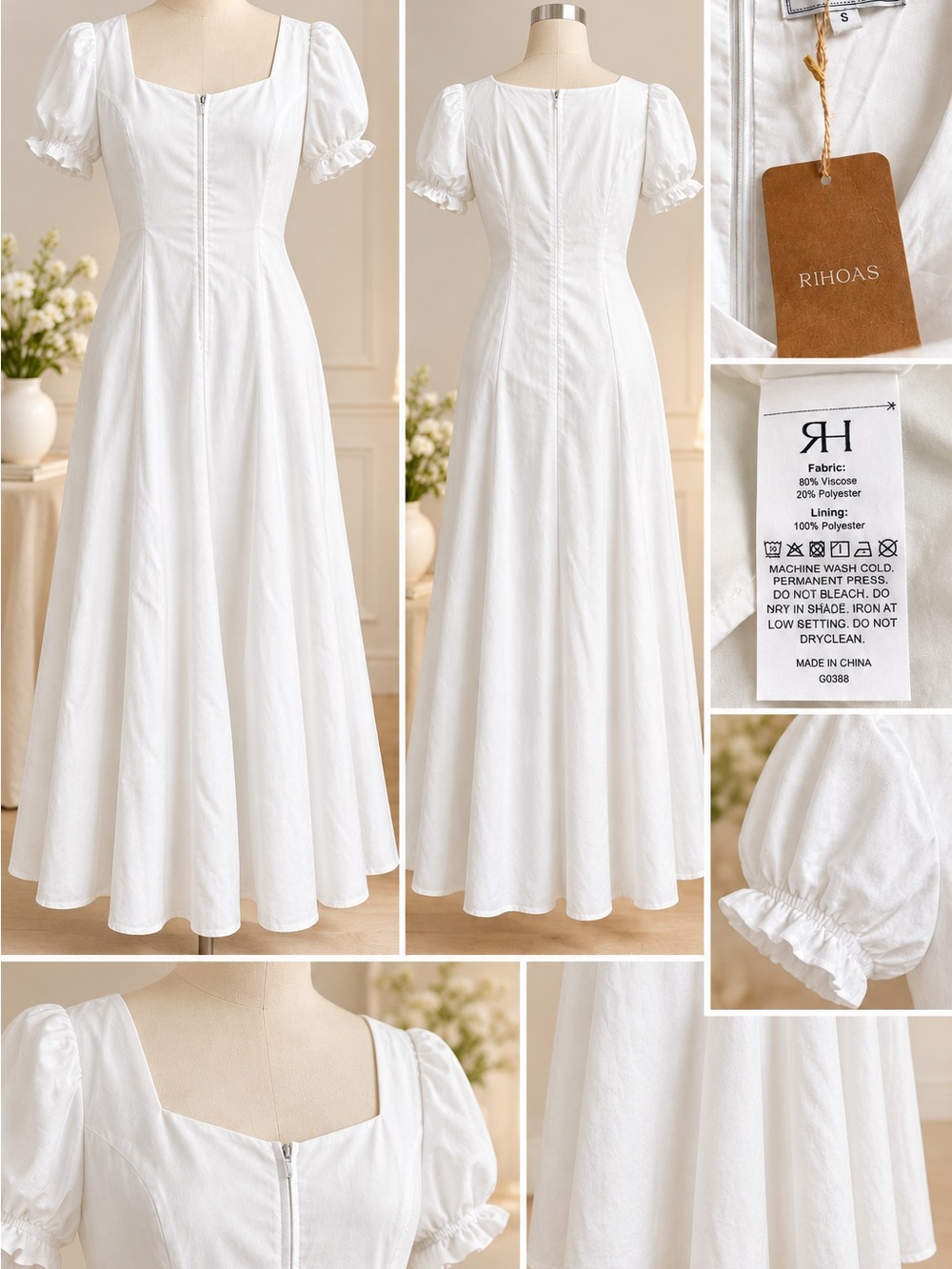 RIHOAS White Puff Sleeve Square Neck Maxi Dress